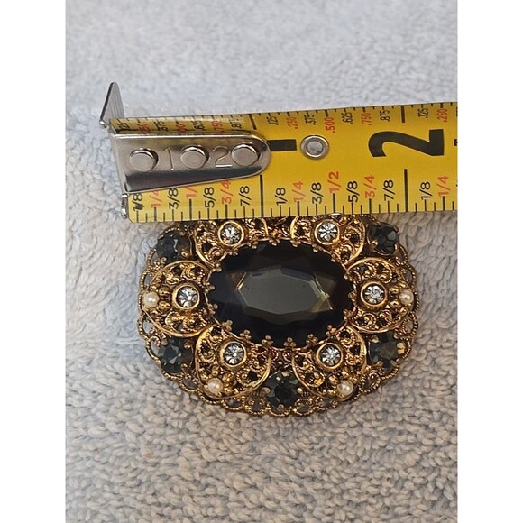 West Germany Hematite Glass Rhinestone and Pearls Gold Filigree Vintage Pendant - Picture 10 of 15